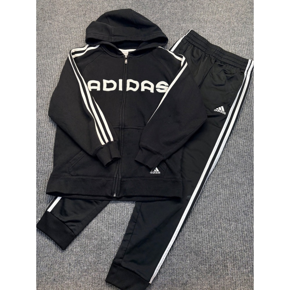 Adidas Kids Black White 3-Stripe Full Zip Hoodie and Track Pants Set Size M 12Y